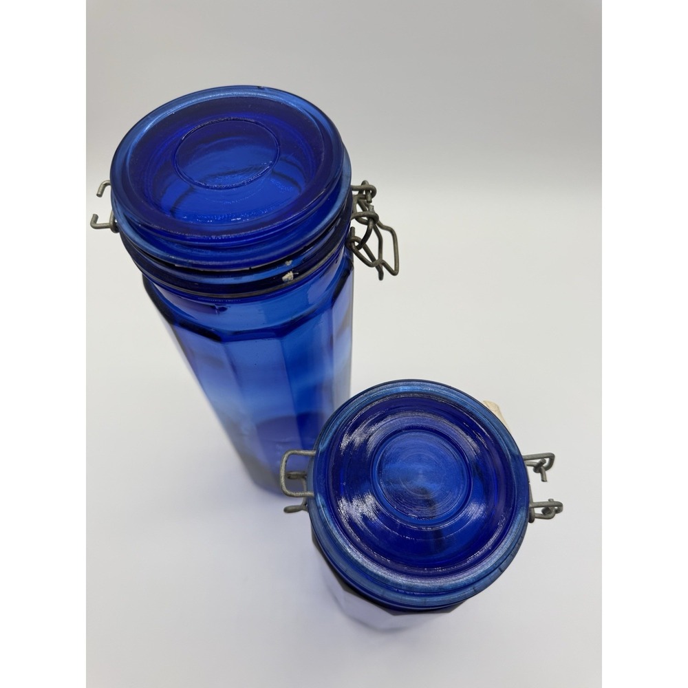 VTG Set Of 13" & 10" Cobalt Blue Glass 12-Panel Wire Bail Clamp Canisters w/Lids - Picture 3 of 9